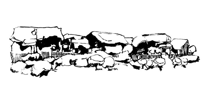 雪鄉(xiāng)村落北方民居建筑水墨矢量圖