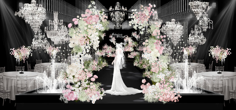 高級韓式白粉花藝水晶婚禮效果圖