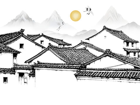 新中式水墨山水徽派建筑馬頭墻