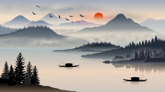 矢量國風山水畫