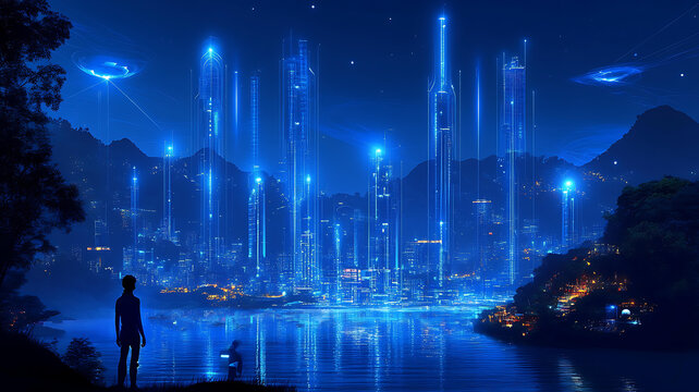 夢(mèng)幻科技之夜的未來(lái)城市景觀