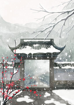 中國(guó)建筑古風(fēng)場(chǎng)景冬天下雪