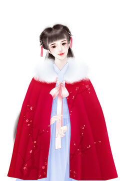手繪插畫(huà)披斗篷的古風(fēng)女孩立繪冬天
