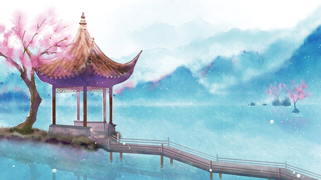 唯美中國風(fēng)古代建筑亭子春天