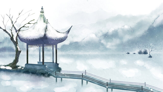 唯美中國(guó)風(fēng)古代建筑亭子冬天