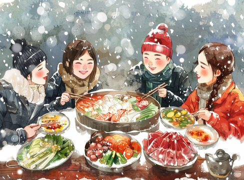 四個朋友雪中吃火鍋