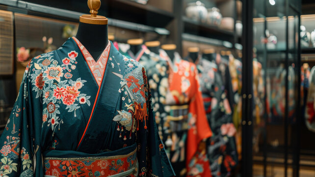 身著花卉圖案和服的人體模特展示在一家商店里