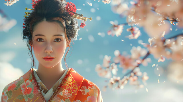 身穿和服的美麗日本女性肖像，背景是粉色的櫻花