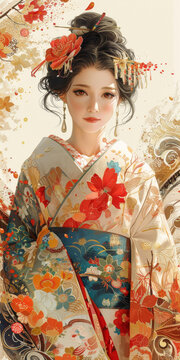 身著傳統(tǒng)日本和服的美麗亞洲女性