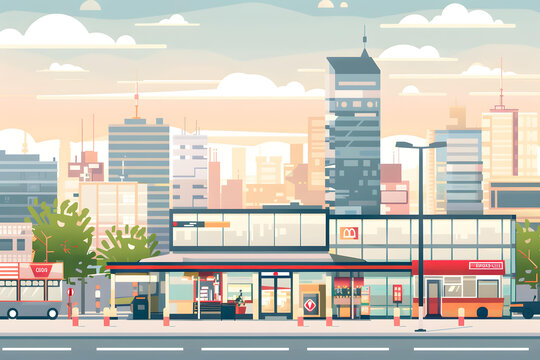 城市街景商店和公交車站