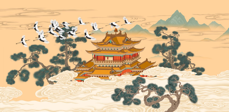 高清古風(fēng)古柏祥云樓閣仙山仙鶴圖