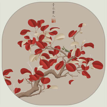 工筆畫紅葉螳螂