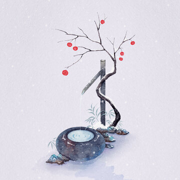 手繪古風(fēng)水彩庭院流水景觀冬天