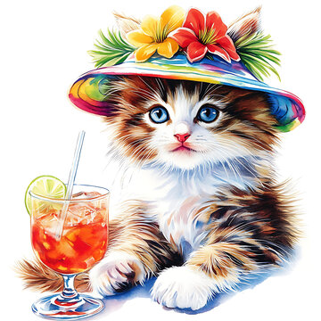 戴著彩色帽子喝飲料的小貓咪