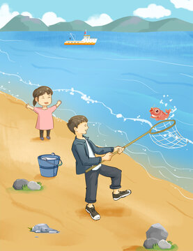 海邊撈魚(yú)卡通插畫(huà)