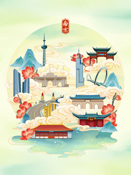 南京城市地標(biāo)建筑插畫海報(bào)
