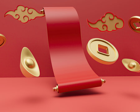 3D紅色新年春節(jié)卷軸渲染圖