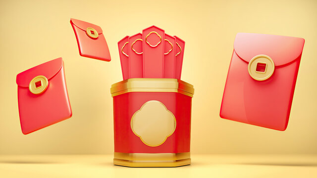 3D紅色喜慶新年抽簽簽筒渲染圖