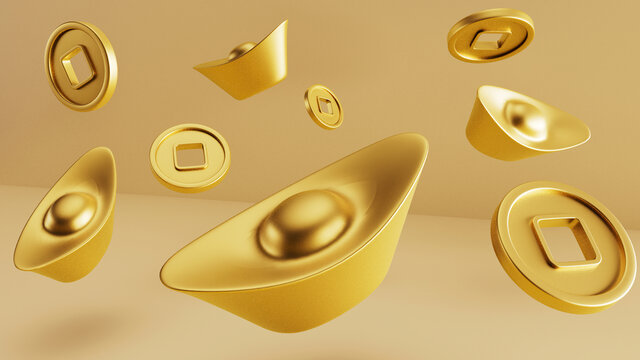 3D金色元寶和銅錢錢幣