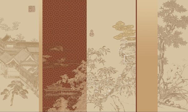 新中式線描山水古建筑背景墻