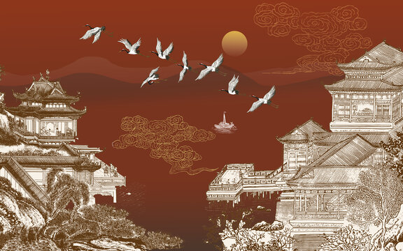 新中式山水樓閣刺繡背景