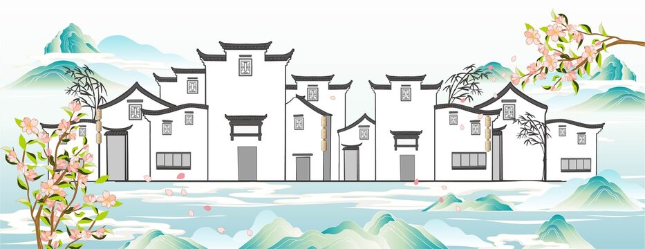 徽派建筑插畫