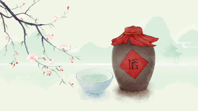 唯美古風(fēng)水彩酒壇花枝遠山