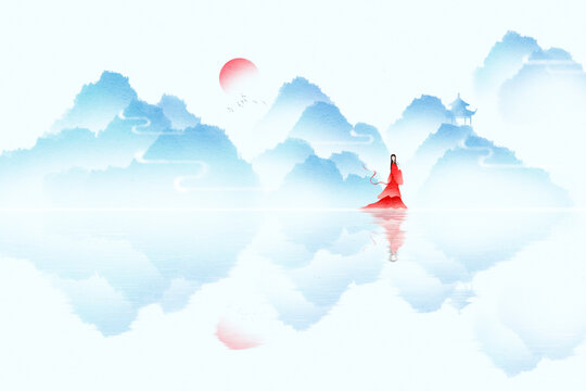 手繪唯美藍(lán)色中國風(fēng)禪意遠(yuǎn)山日出山巒