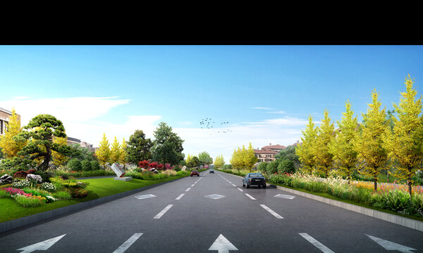 道路分隔帶綠化效果圖psd