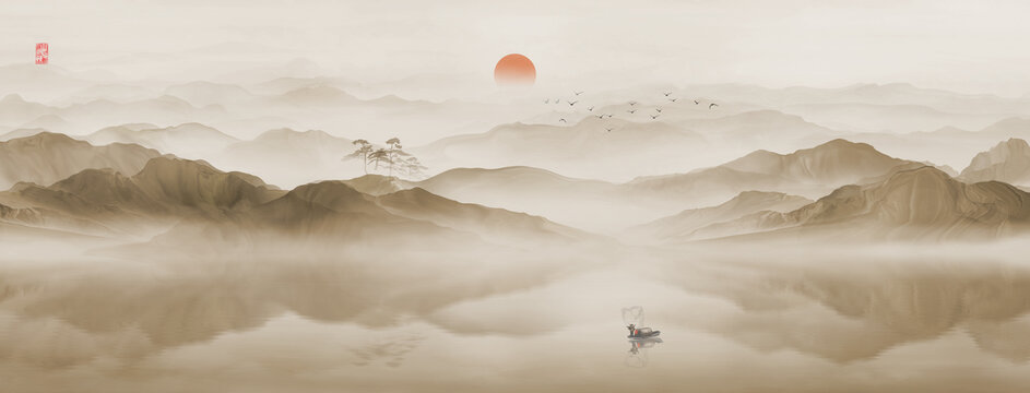新中式山水背景墻