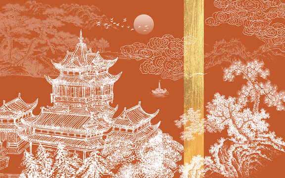 手繪刺繡樓閣山水背景