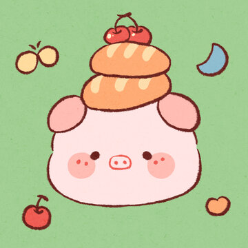 面包小豬可愛(ài)卡通IP形象文創(chuàng)圖案插畫素材