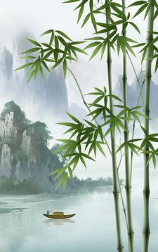 新中式竹子意境山畫屏風隔斷背景裝飾畫