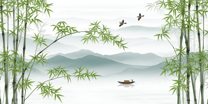 意境翠綠山水竹子背景墻