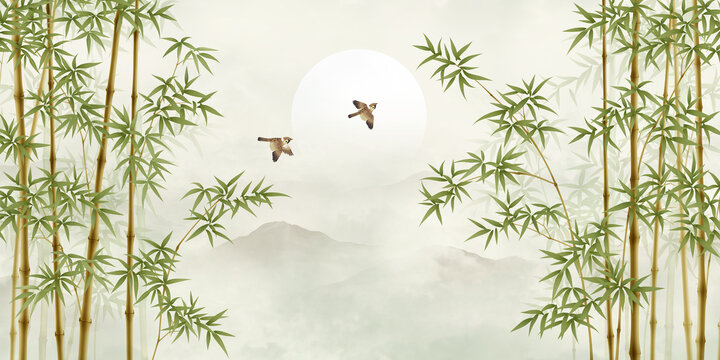 翠綠竹子江山如畫背景墻裝飾畫
