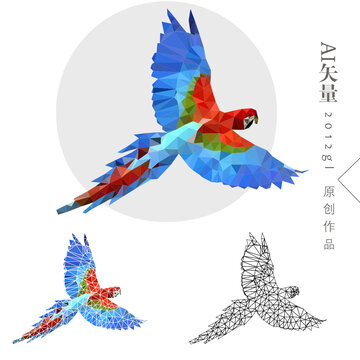 七彩飛翔鸚鵡低多邊裝飾畫(huà)