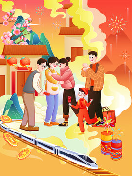 新年春運(yùn)火車動車春節(jié)拜年家人回家團(tuán)圓團(tuán)聚