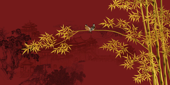 新中式意境黃金發(fā)財竹背景墻裝飾畫