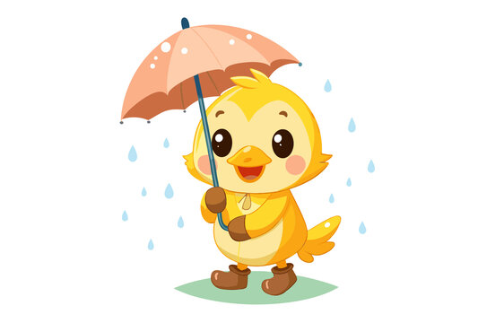 矢量動物卡通插畫雨天打傘小鴨子