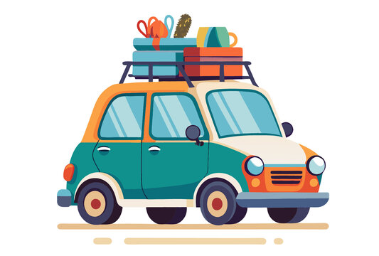 矢量卡通插畫汽車外出旅行自駕游