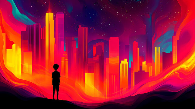 充滿活力的城市夜景與孩童身影