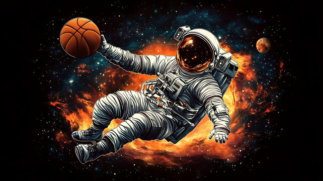 宇航員在太空中打籃球的藝術(shù)插圖