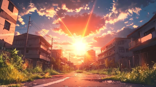 廢墟城市日出圖畫