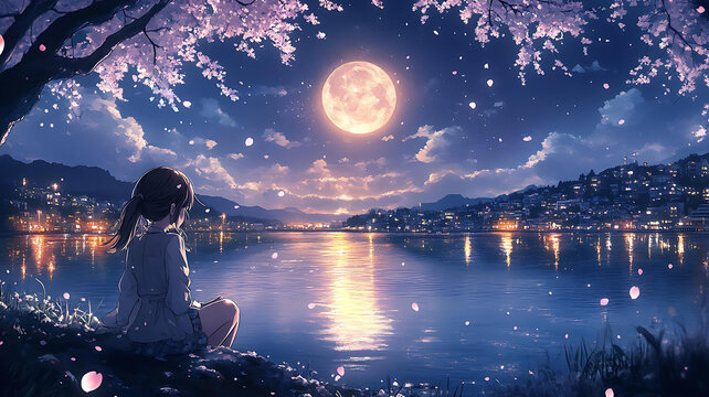 櫻花樹下湖畔的夜晚景色