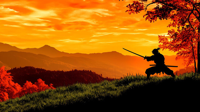 夕陽(yáng)下的武士剪影