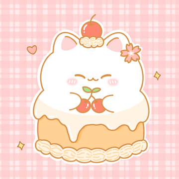 貓咪櫻桃蛋糕插畫