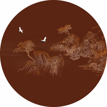 圓形線描山水國(guó)畫(huà)白描畫(huà)