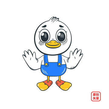 矢量插畫動物簡約穿背帶褲打招呼小鴨子