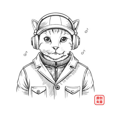 矢量插畫動物手繪素描戴耳機小貓