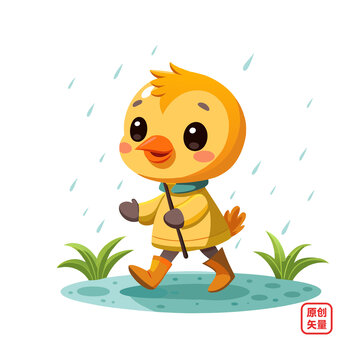 矢量插畫動(dòng)物雨中走路小鴨子